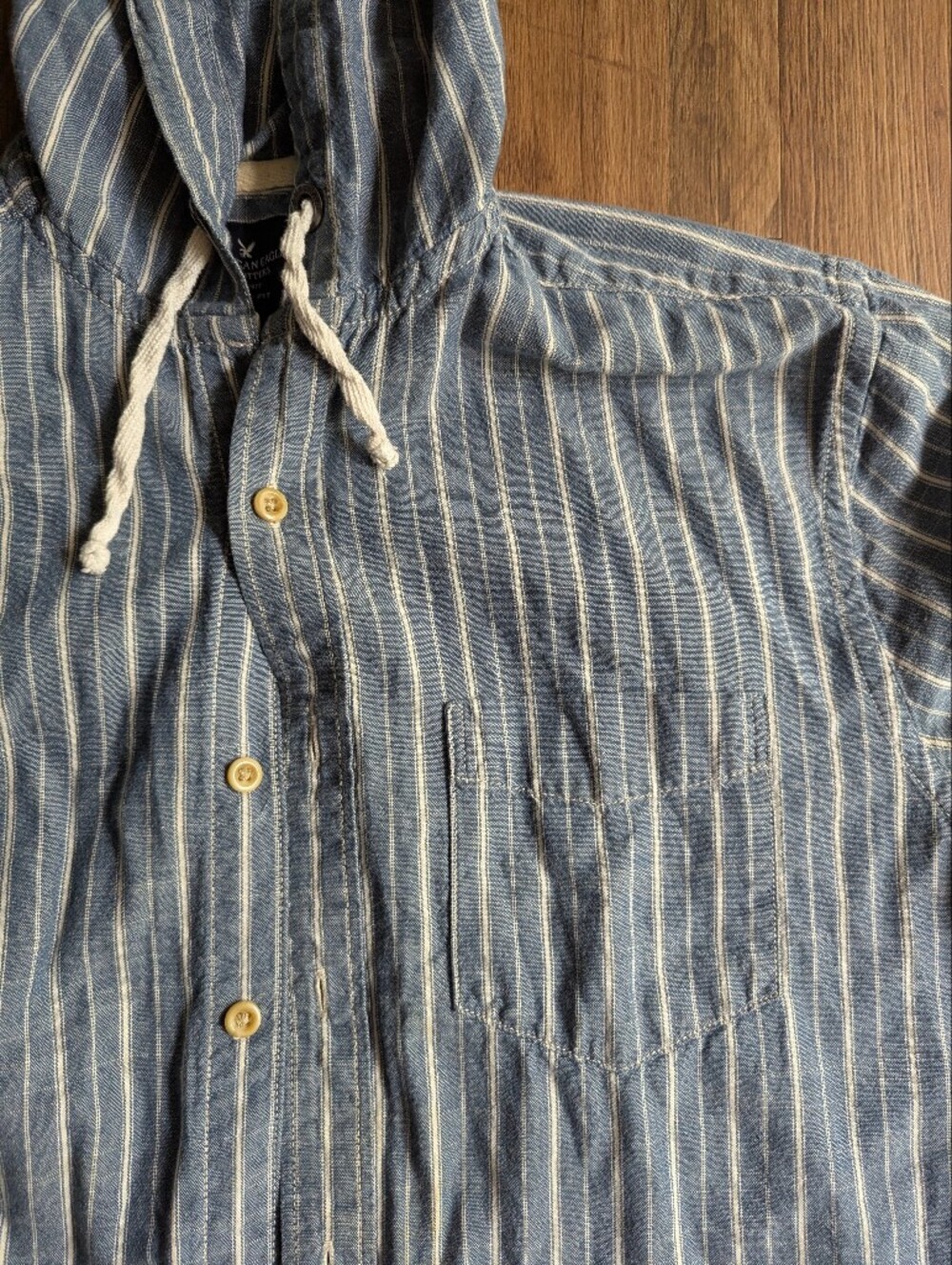 American Eagle Classic Fit Light Blue and White Striped Hooded Shirt M - Picture 3 of 6